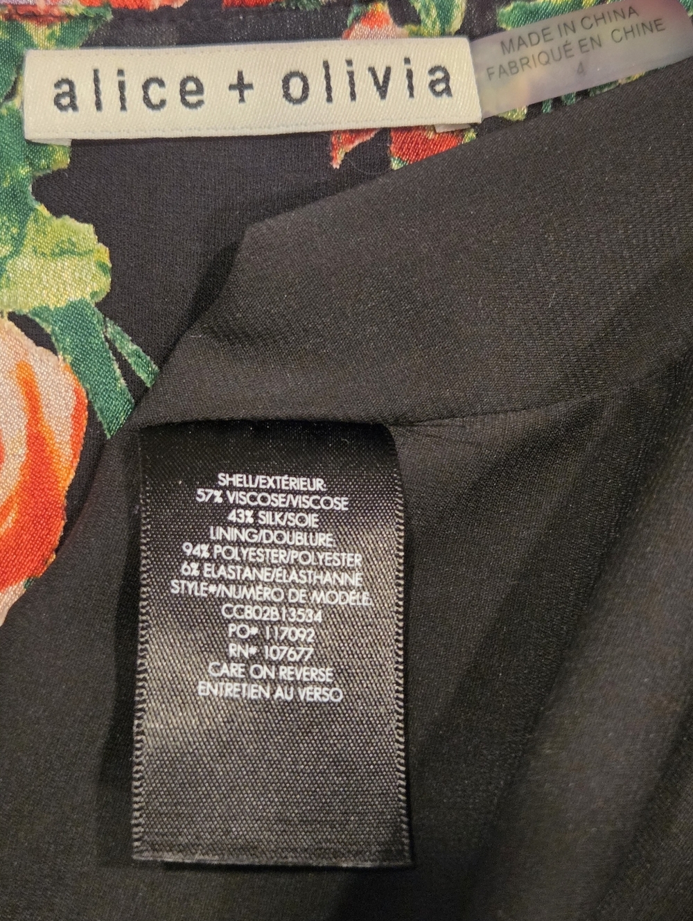 Alice + Olivia Black Floral Wrap Midi Dress with Red & Green Accents, Size 4. - Picture 16 of 16
